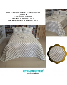 MİCRO SATEN ŞÖNİL İŞLEMELİ ÇİFT KİŞİLİK YATAK ÖRTÜSÜ SETİ KREM 8696474231906